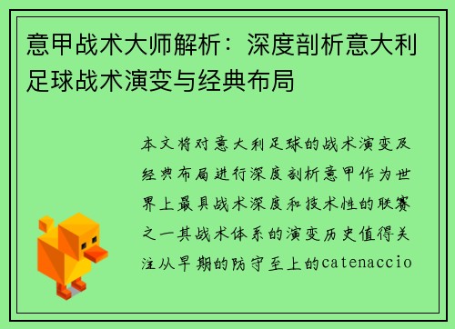 意甲战术大师解析：深度剖析意大利足球战术演变与经典布局