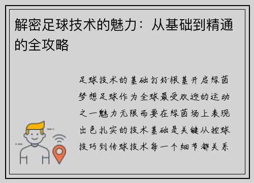 解密足球技术的魅力：从基础到精通的全攻略