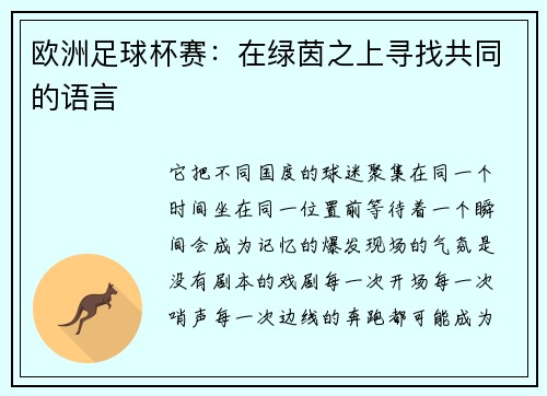 欧洲足球杯赛：在绿茵之上寻找共同的语言