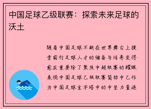 中国足球乙级联赛：探索未来足球的沃土